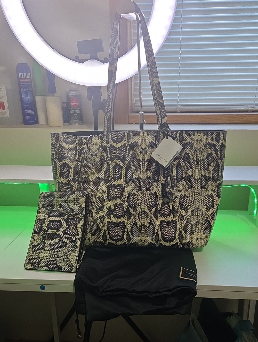Kurt Geiger Chelsea Shoppers Tote Snake Print  with Matching Pouch -